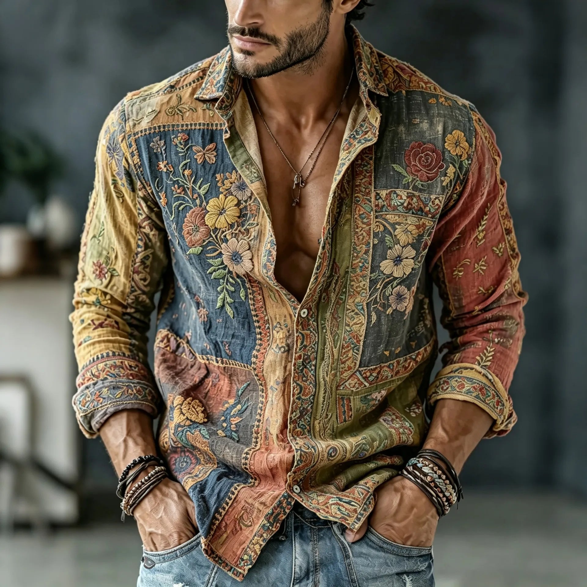 Men's Vintage Floral  Patchwork Embroidered Art Print Flowy Linen Blend Casual Shirt