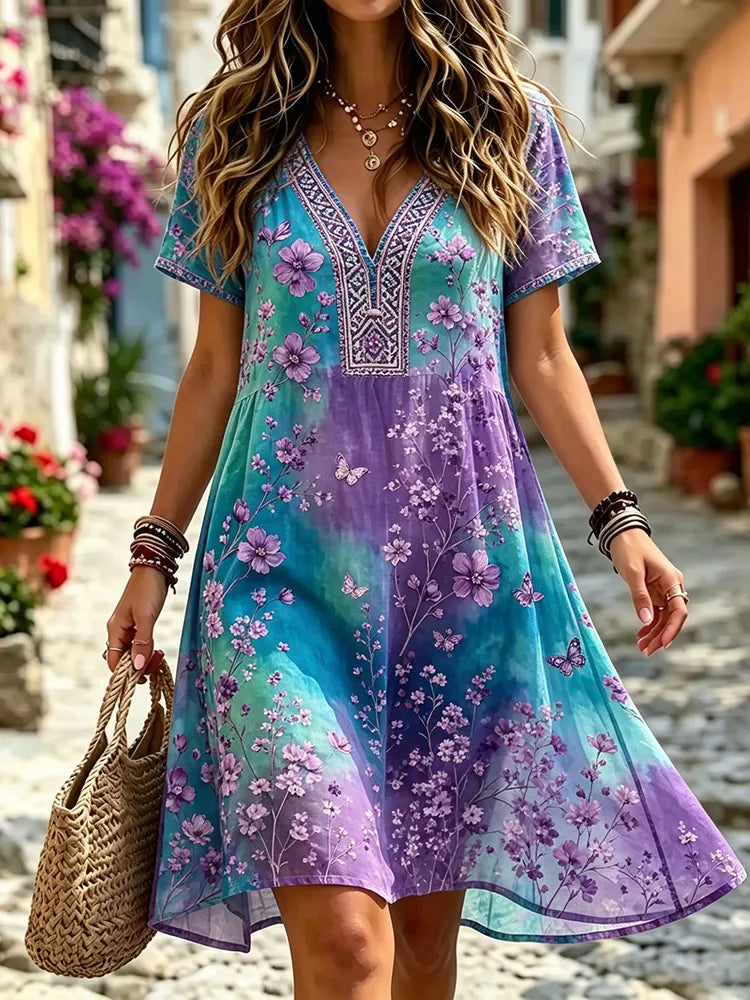 Women's Retro Floral Butterfly Art Print Casual Cotton Linen V-neck Dress
