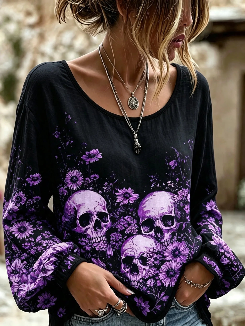 Women's Bohemian Halloween Skull And Floral Print Cotton Linen Top