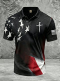 Men's Vintage Flag & Cross Print Casual Polo Shirt