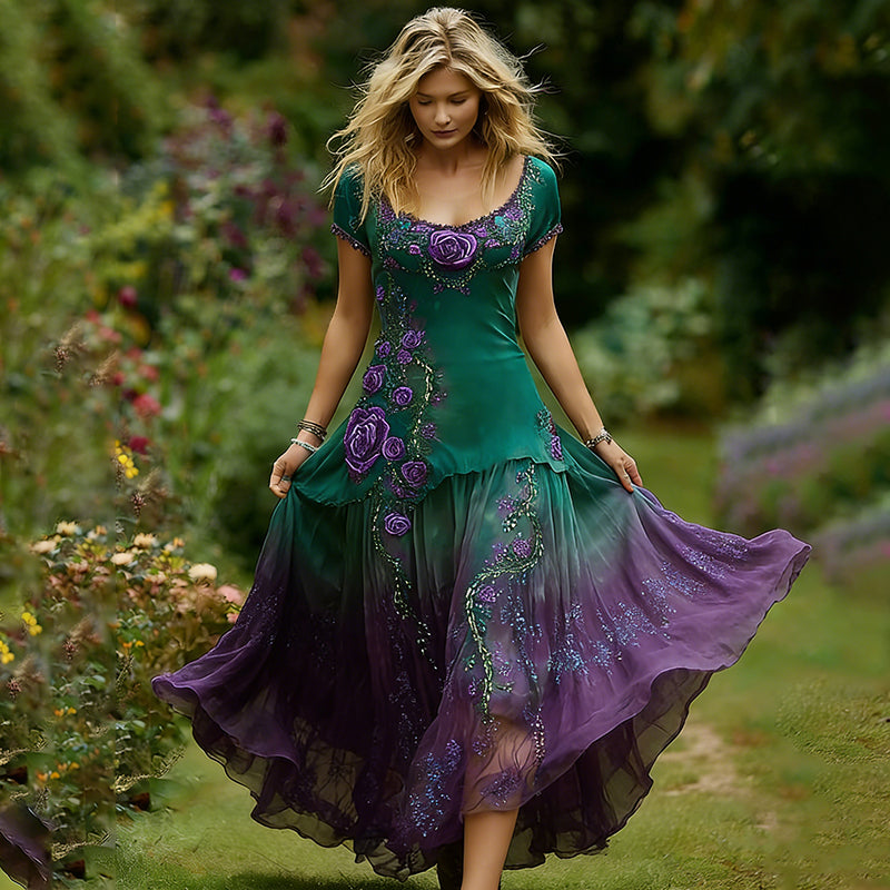 Women's Vintage Purple Rose-patterned Casual Crew-neck Dress