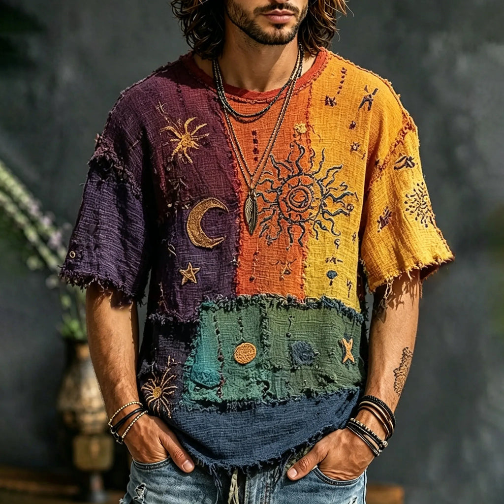 Men's Hippie Patchwork Sun Moon Elements Print T-shirt