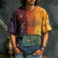 Men's Hippie Patchwork Sun Moon Elements Print T-shirt