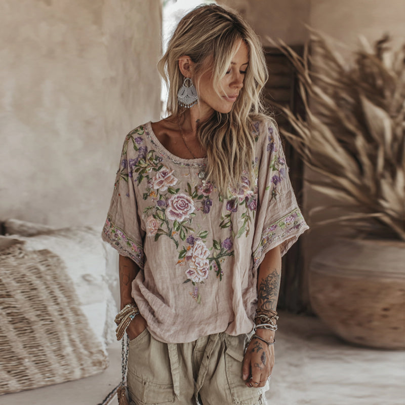 Vintage Purple Floral Embroidered Linen Short Sleeve Shirt