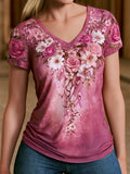 Women's Breast Cancer Awareness Floral Art V-Neck Short-Sleeve T-Shirt