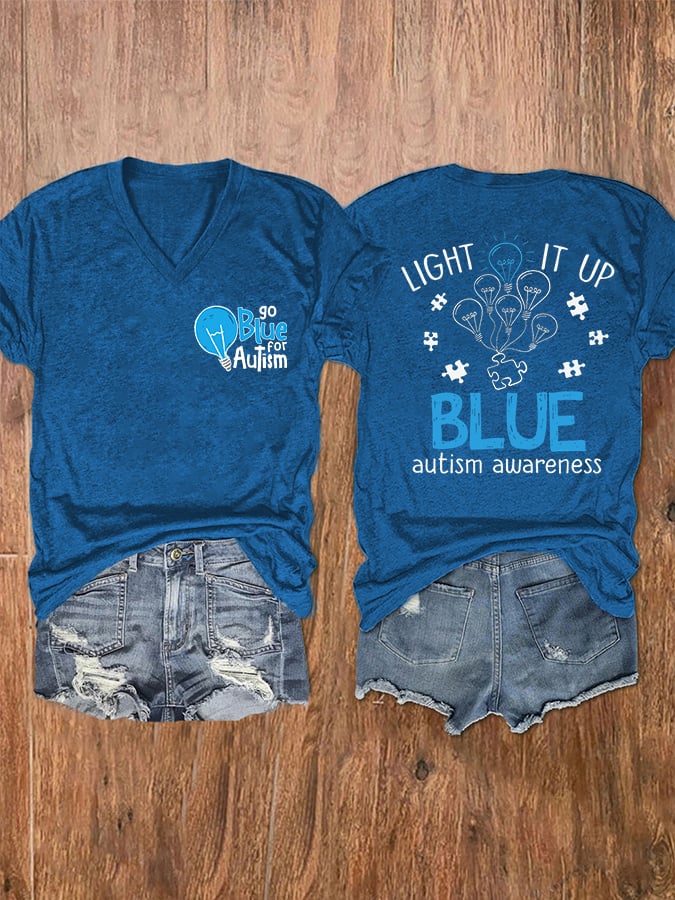 Women's Go Blue For Autism Light It Up Blue Autism Awareness V-Neck T-Shirt