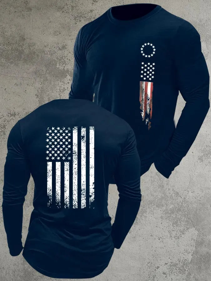 America Flag Pattern Long Sleeve 100% Cotton T-Shirt