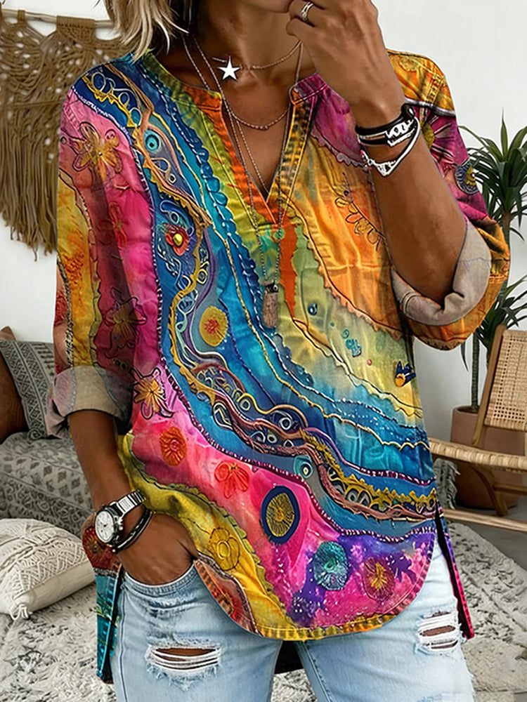 Women's Colorful Wave Texture Pattern V Neck Blouse