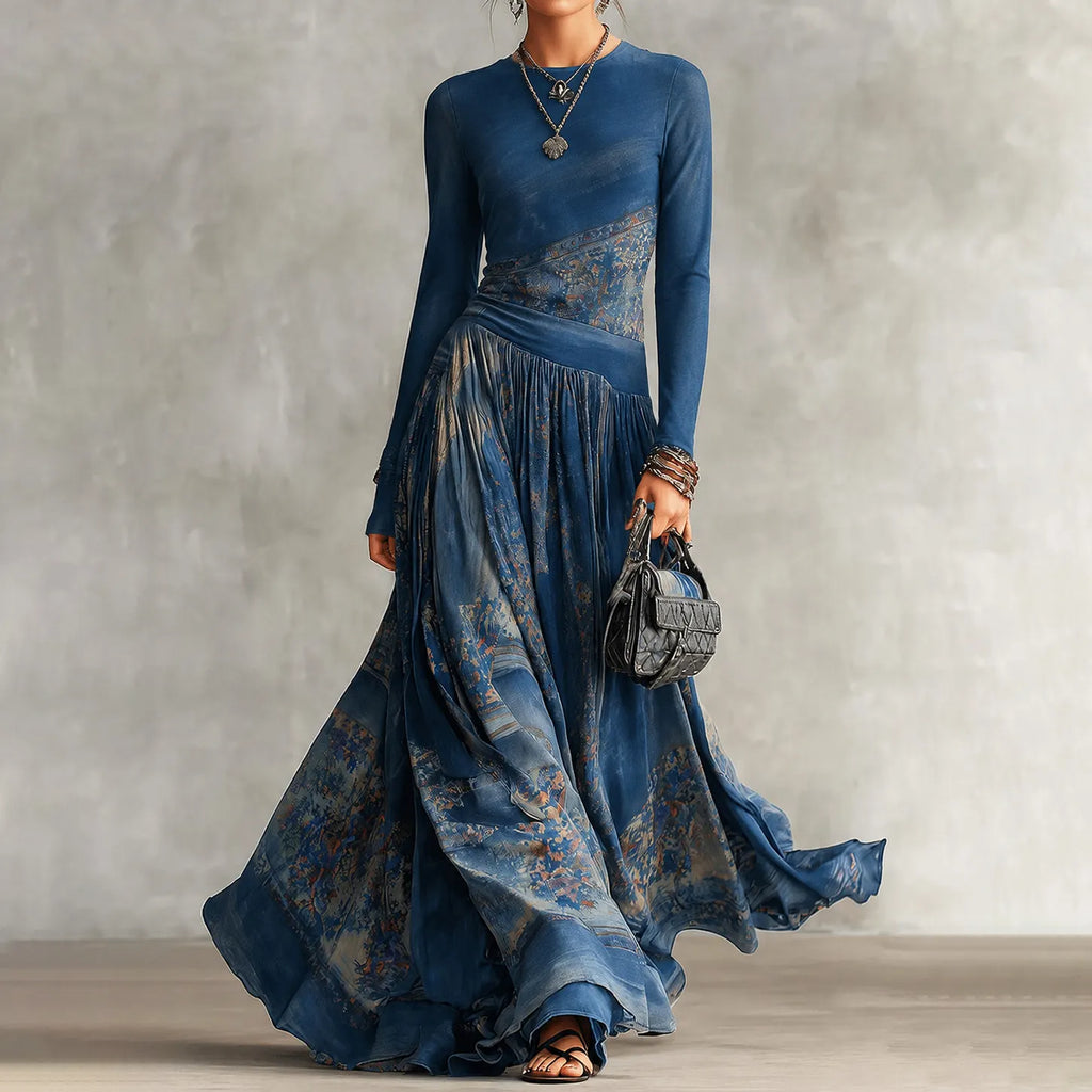Elegant Retro Printed Long Sleeves Maxi Dress