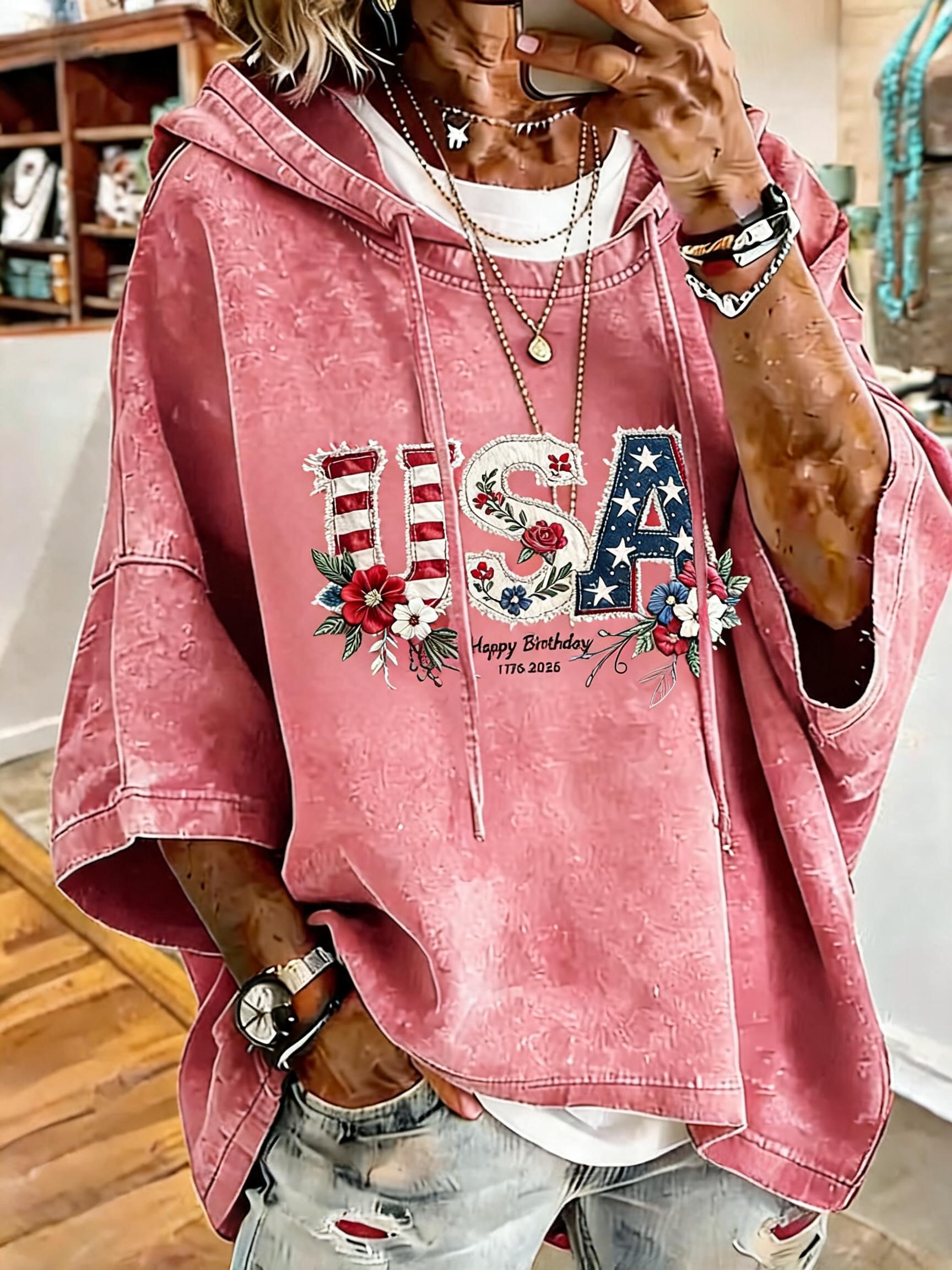 Women's Independence Day Birthday Print Casual Oversized Hoodie