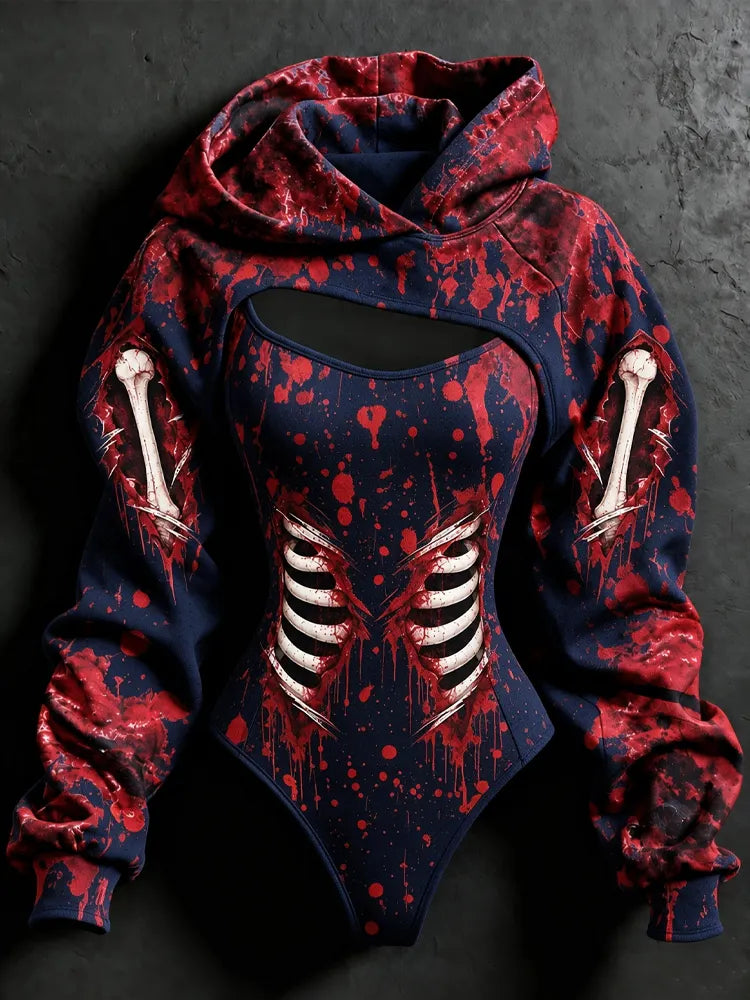 Women's Halloween Blood Stain And Skeleton Print Hoodie Two-piece Set