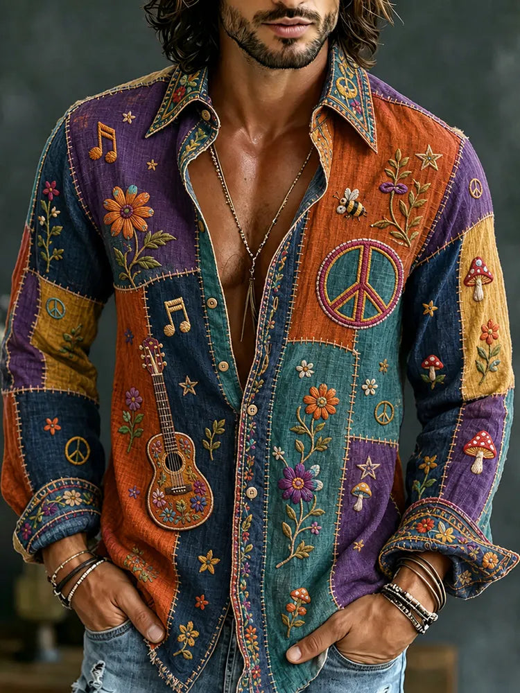 Men's Retro Hippie Floral Patchwork Art Print Long Sleeve Linen Shirt
