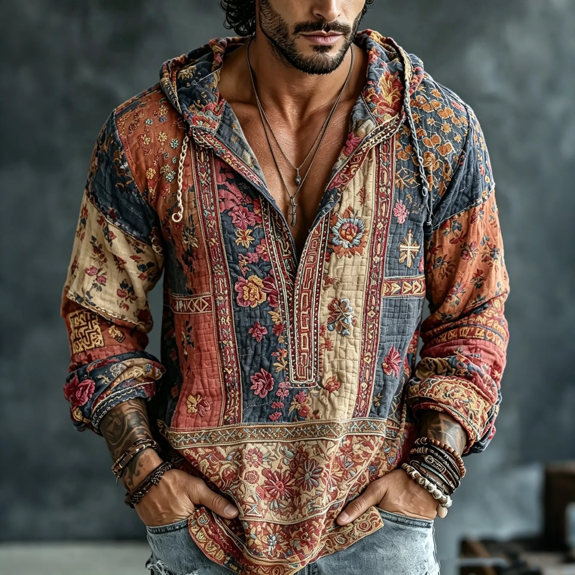 Men's Vintage Floral  Patchwork Embroidered Art Print Flowy Linen Blend Casual  Hooded Shirt