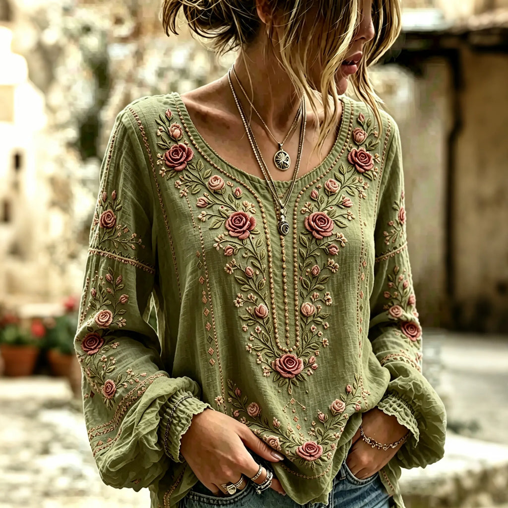 Women's Vintage Floral Art Cotton Linen Casual T-shirt