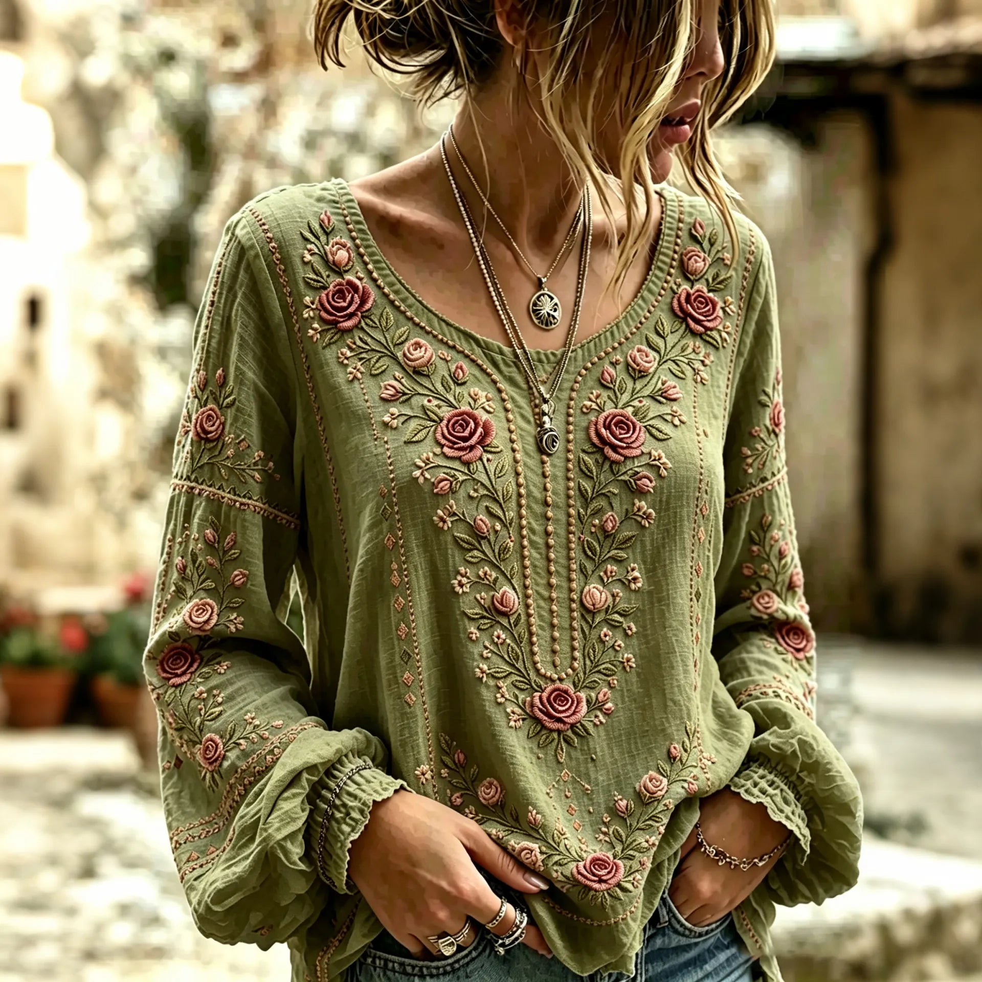 Women's Vintage Floral Art Cotton Linen Casual T-shirt