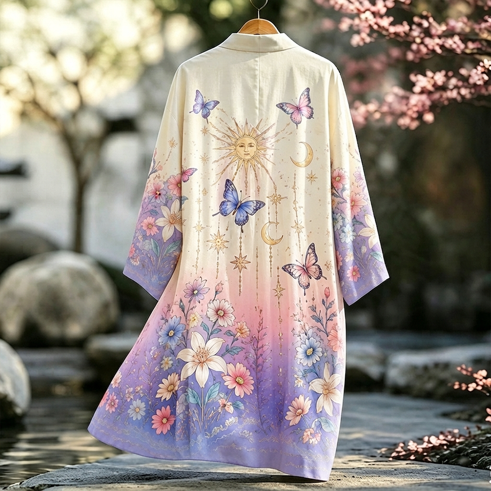 Women's Casual Open-front Long Cardigan With Celestial Sun, Moon, Butterflies, And Ombre Floral Print