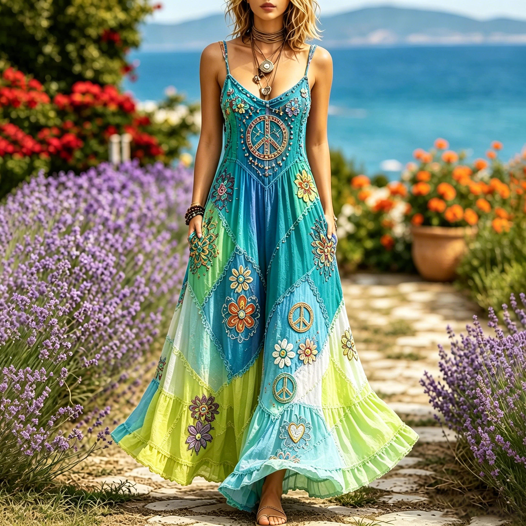 Women's Hippie Floral Peace Sign Contrast Patchwork Sleeveless Dress