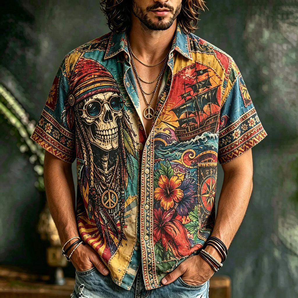 Men's Retro Color Block Nautical Skull Hippie Floral Short-sleeve Shirt