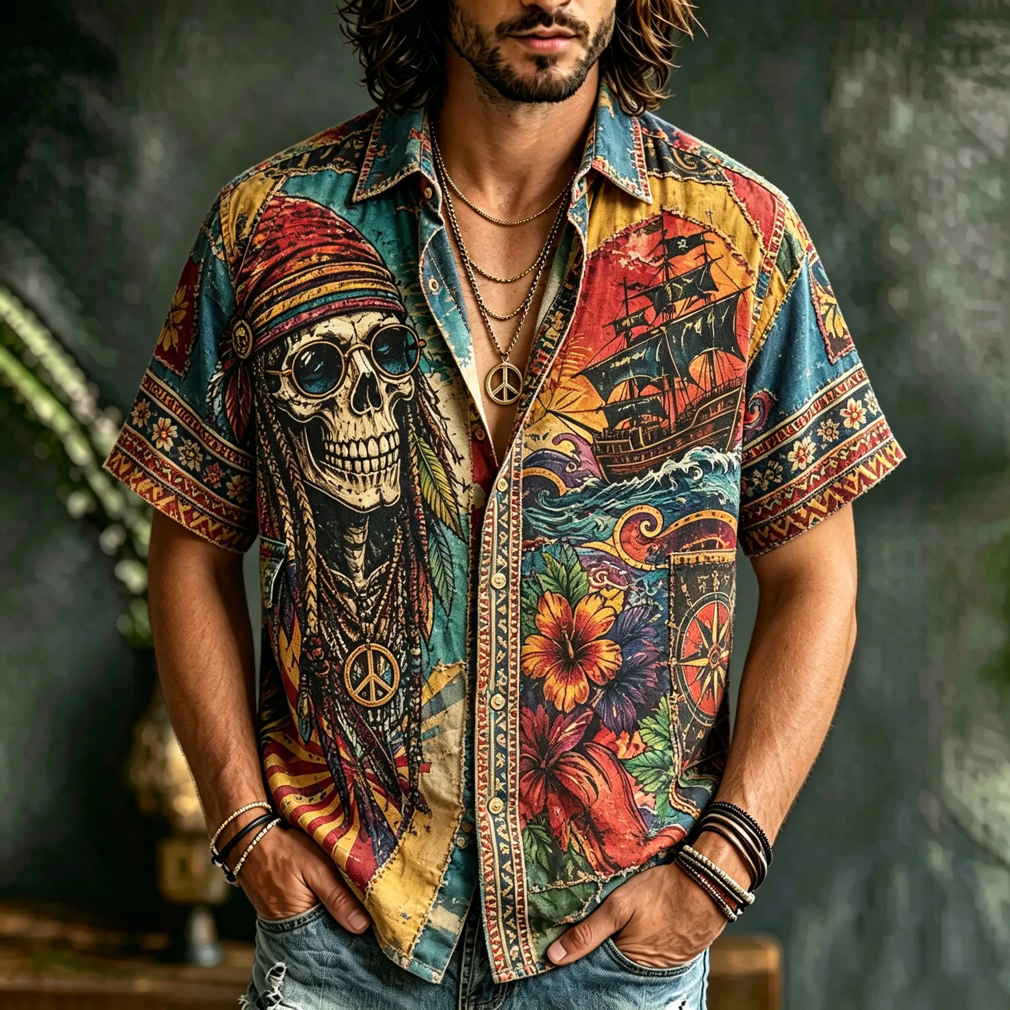 Men's Retro Color Block Nautical Skull Hippie Floral Short-sleeve Shirt