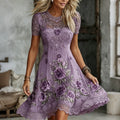 Women's Retro Rose Embroidery Art Round Neck Short Sleeve Mini Dress