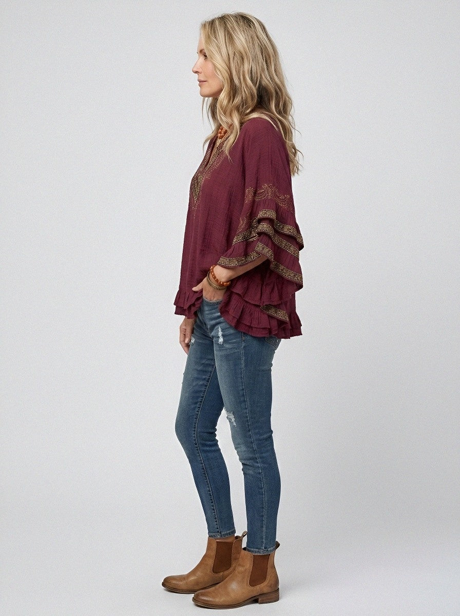 Women's Western Vintage Aztec Embroidered Ruffle Printed Top