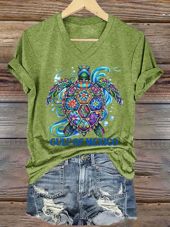 Women's Gulf Of Mexico Printed V Neck T-shirt