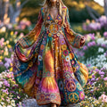 Women's Retro Floral Peace Gradient Pattern Casual Long-sleeved Dress