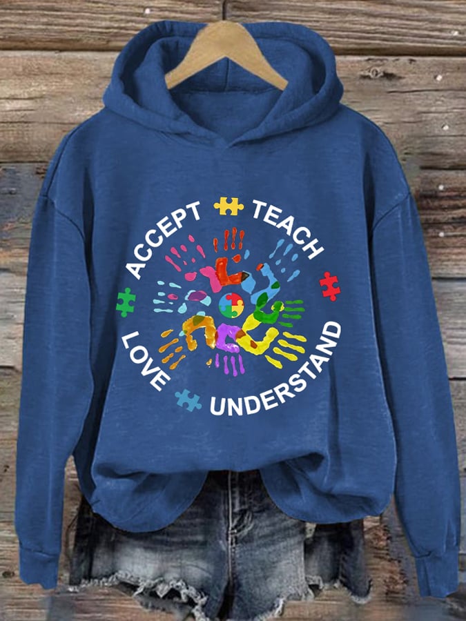 Women's Autism Teach Love Understand Print Hoodie