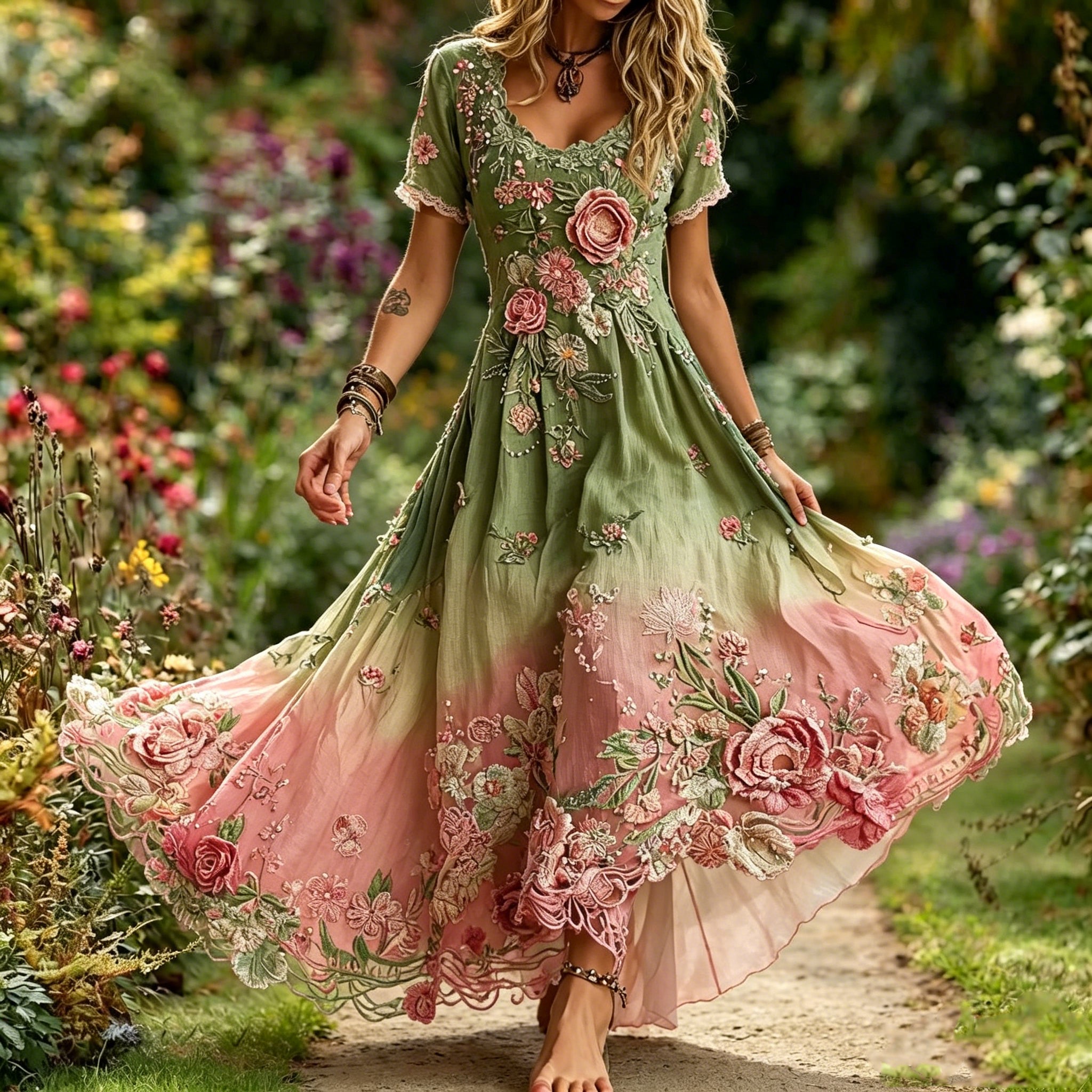 Women's Retro Bohemian Rose Gradient V-neck Dress