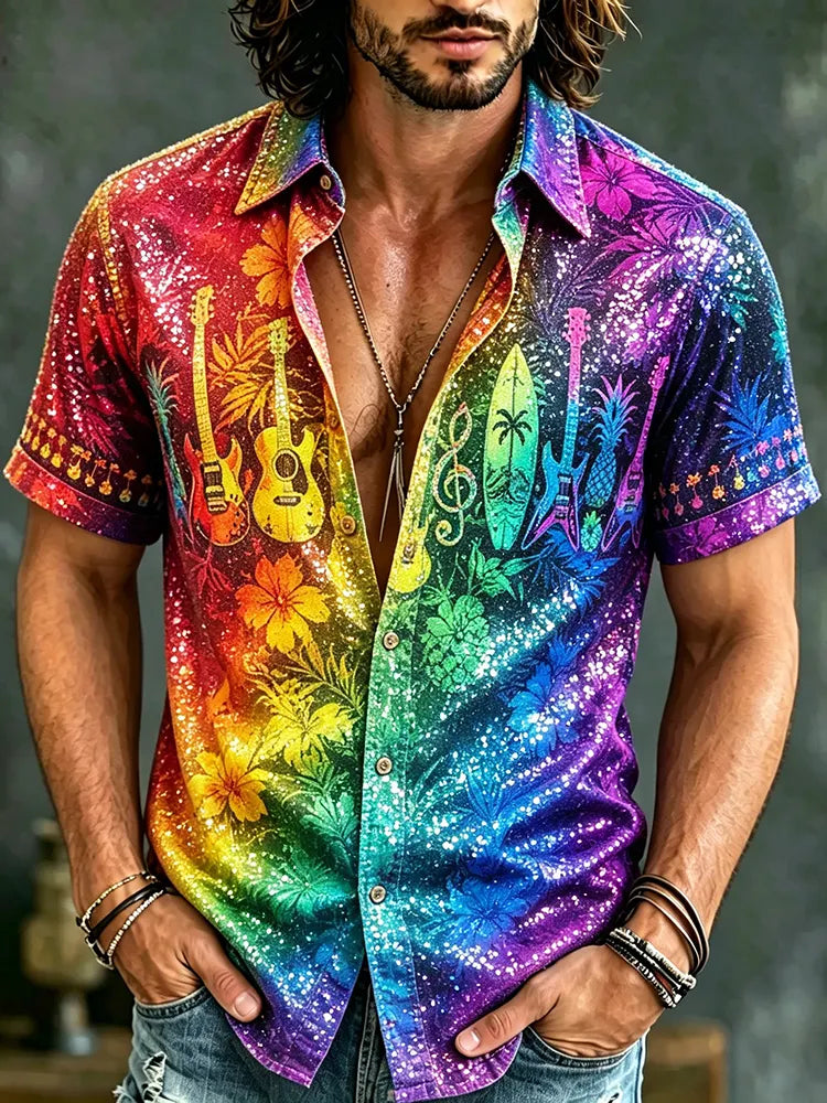Men's Casual Retro Floral Guitar Tie-dye Short-sleeve Shirt