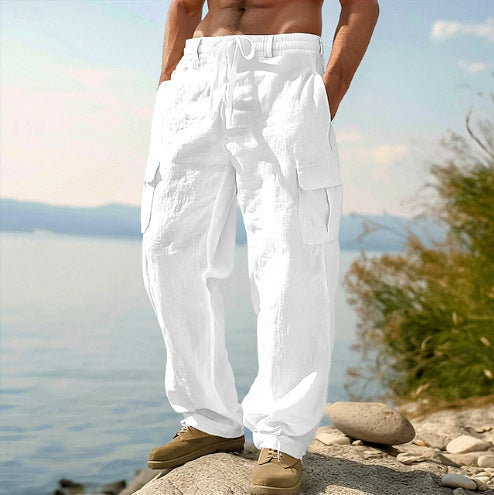 Men's Linen Cargo Pants Drawstring Multi-Pocket Straight Leg Breathable Outdoor Beach Classic Casual Long Pants