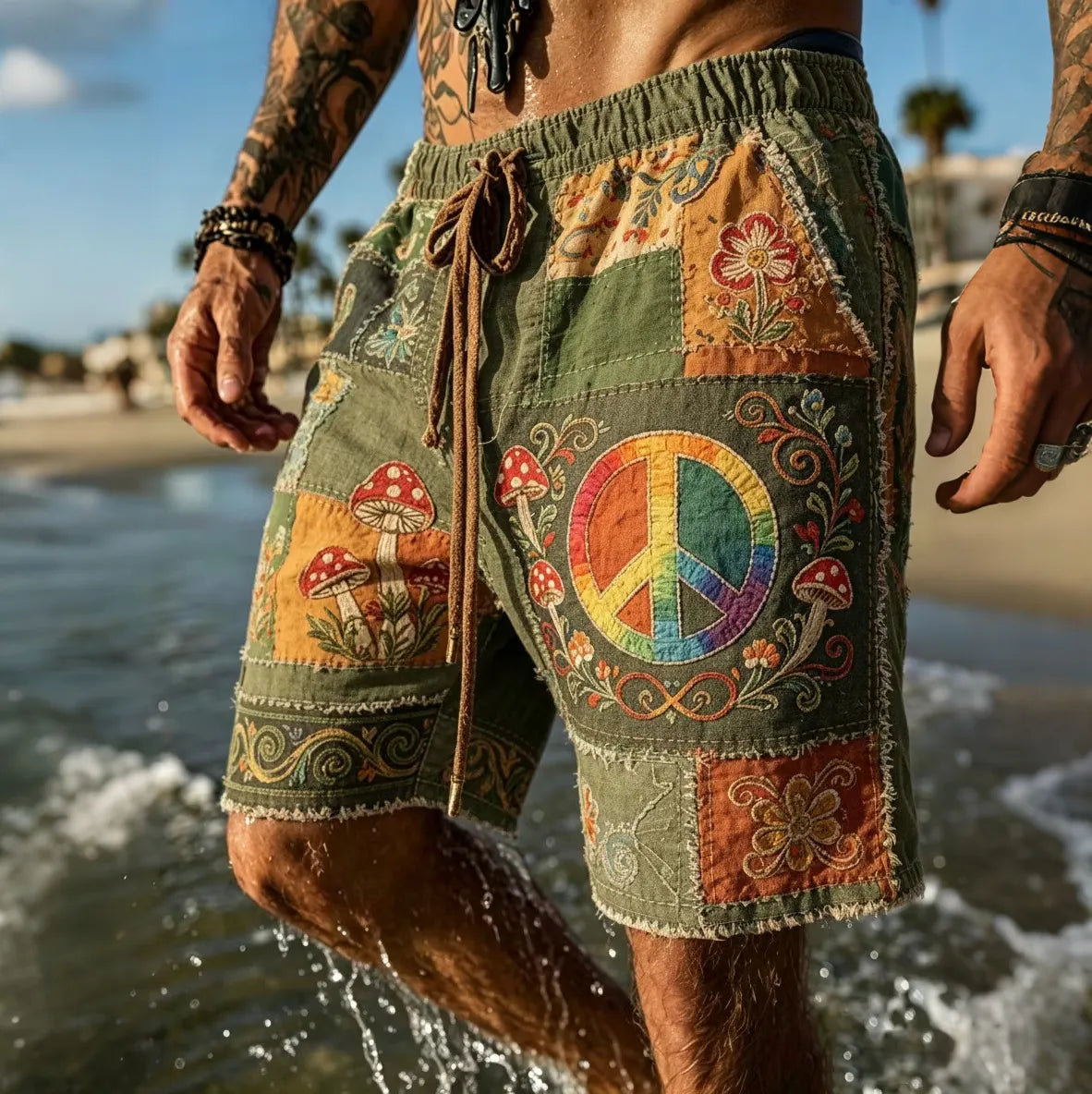 Men's Colorful Hippie Sun And Mushroom Pattern Casual Linen Blend Shorts