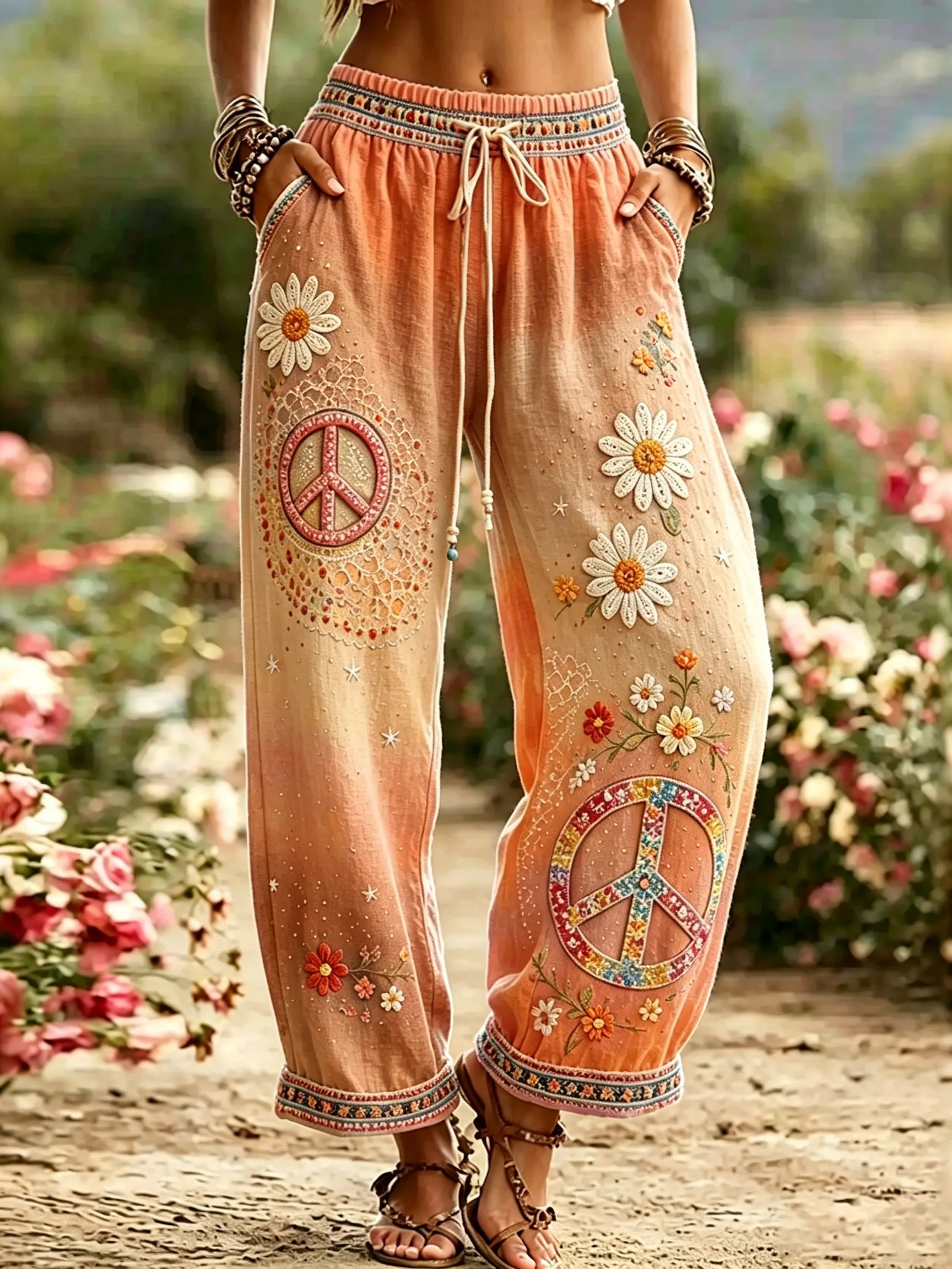 Women's Hippie Vintage Hippie Floral Art Cotton Linen Casual Pants