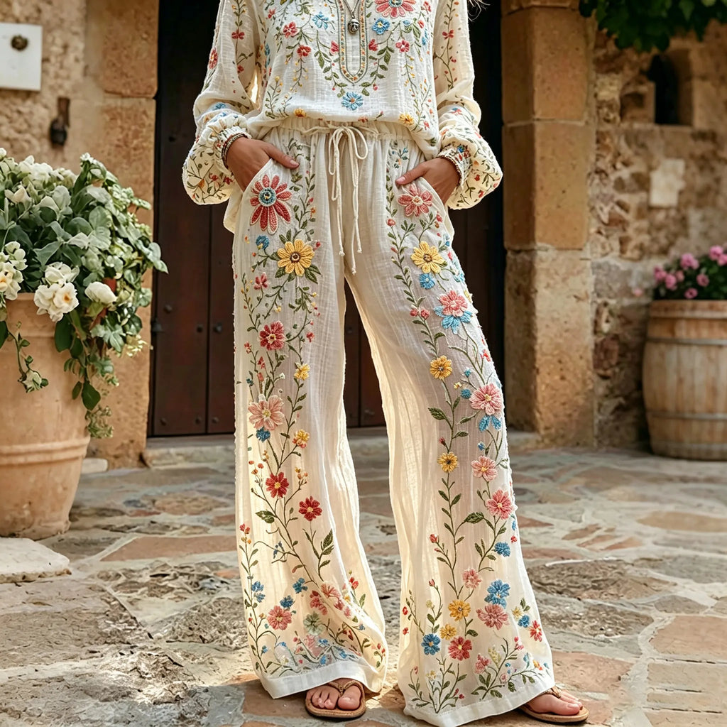 Women's Vintage Floral Pattern Art Embroidered Linen Blend Pants