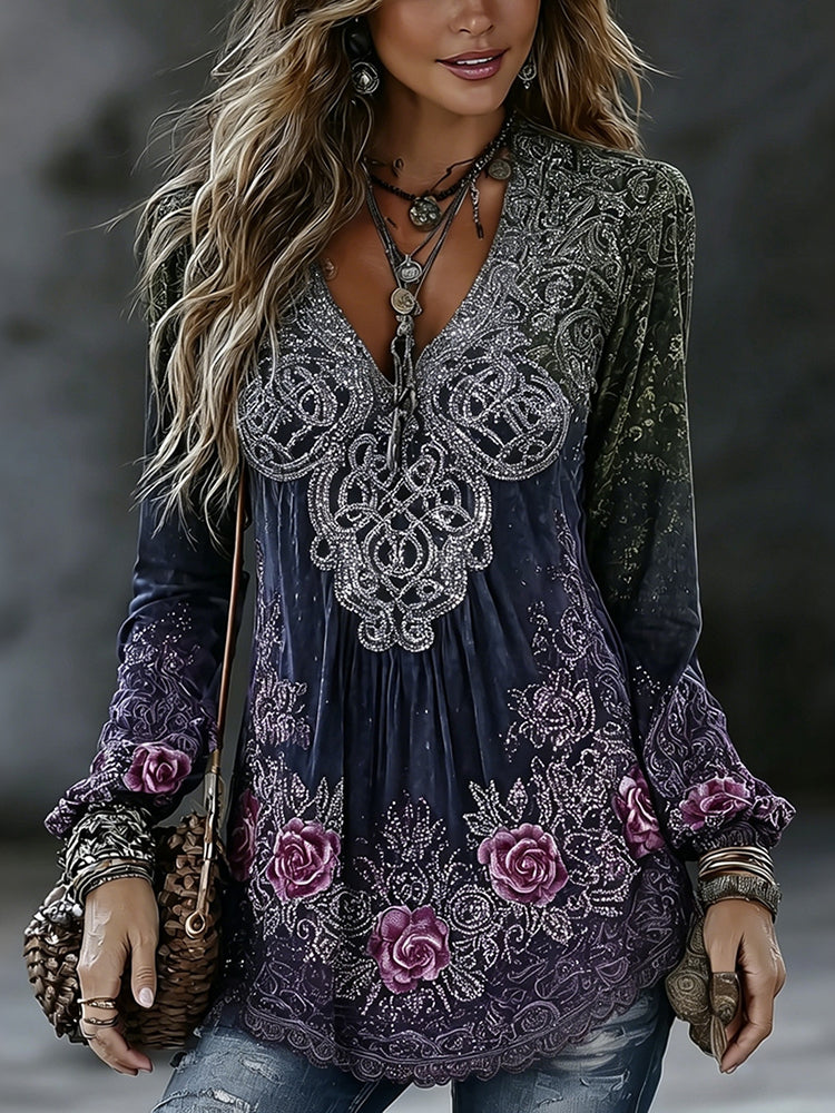 Women's Vintage Romantic Celtic Knot With Floral Art Linen Blend Tops