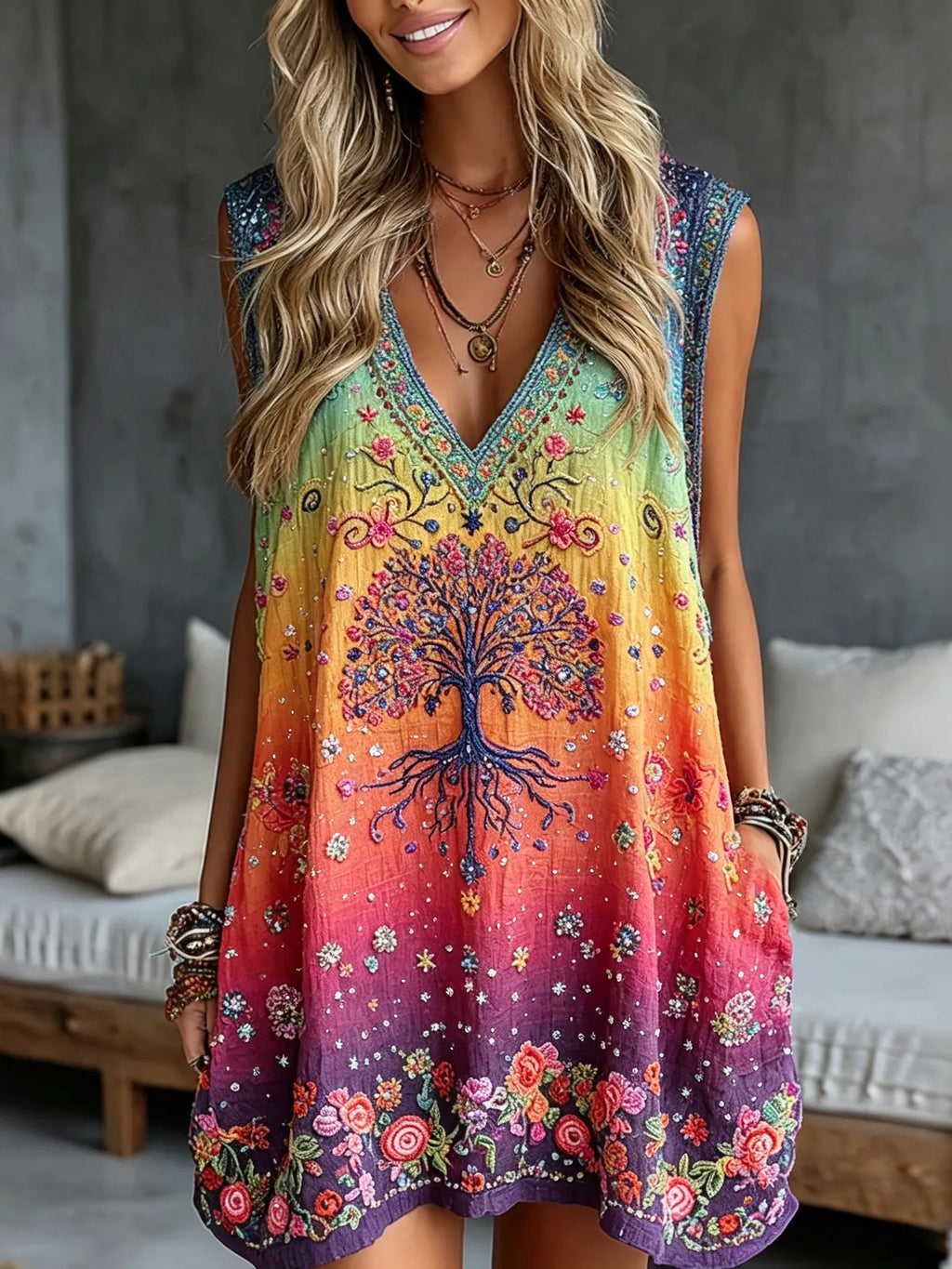 Women's Retro Hippie Style Tree Of Life Floral Embroidery Pattern Linen Blend Dress