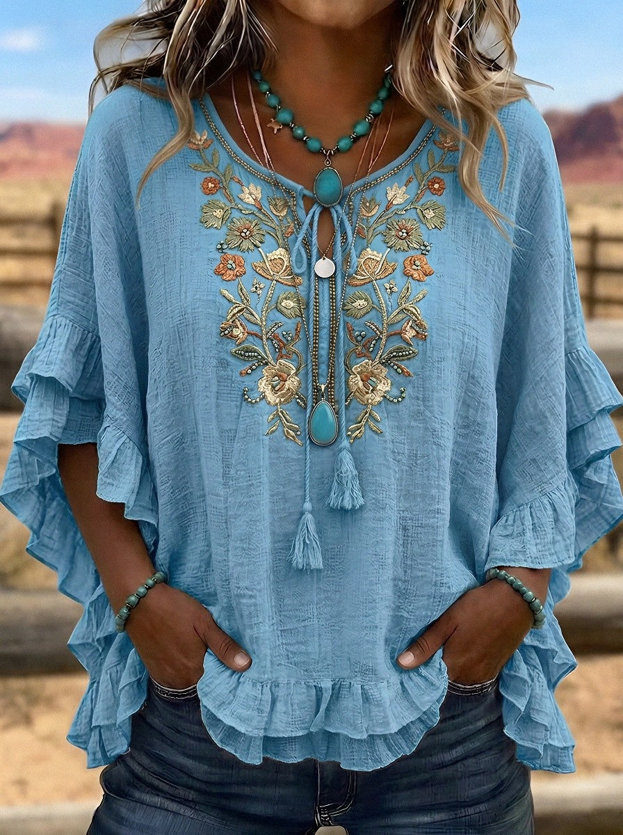 Women's Western Vintage Floral Embroidered Ruffle Printed Top
