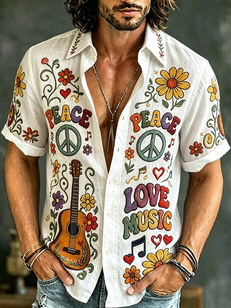 Men's Hippie Music Floral Print Short Sleeve Shirt
