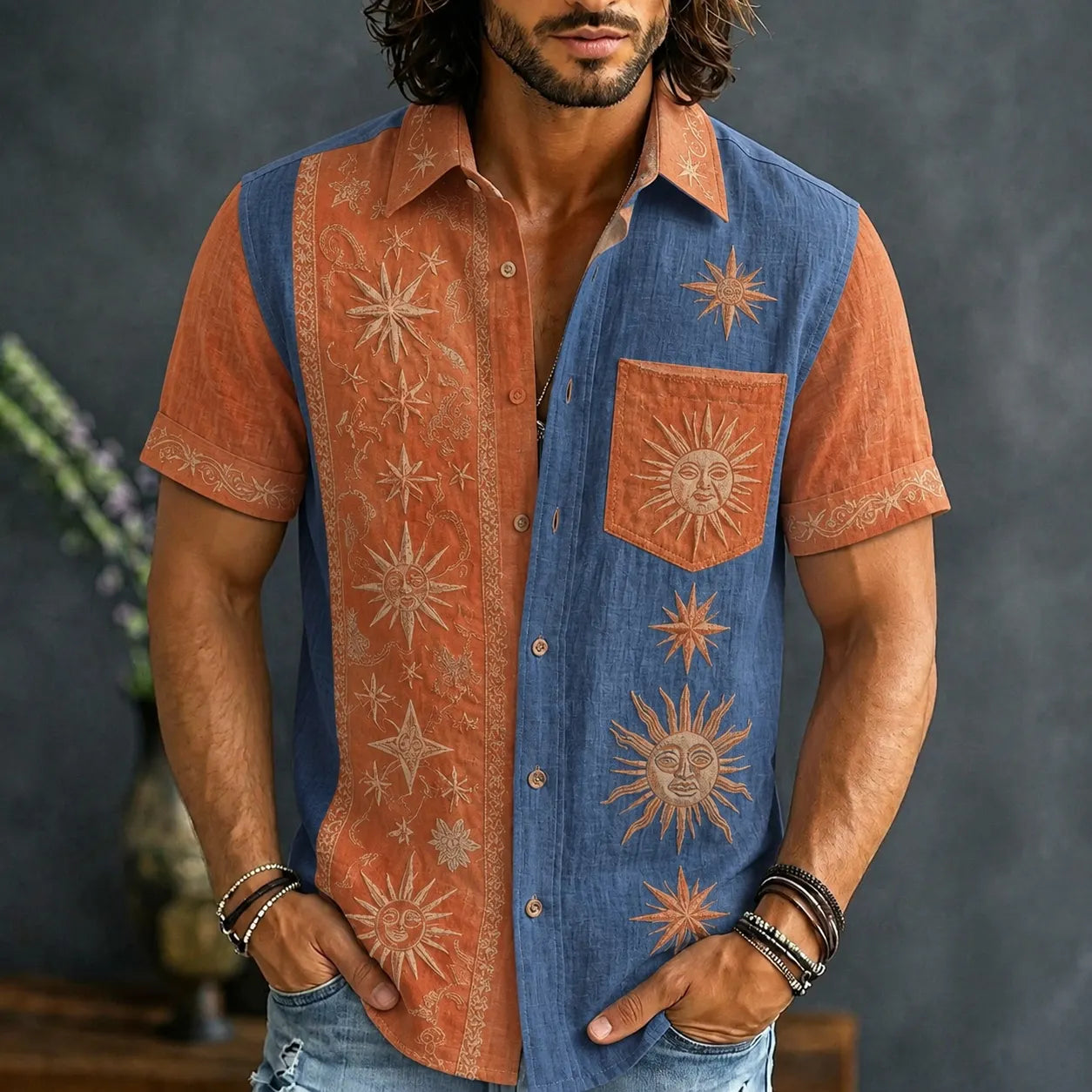 Men's Retro Sun And Star Printed Short Sleeve Shirt