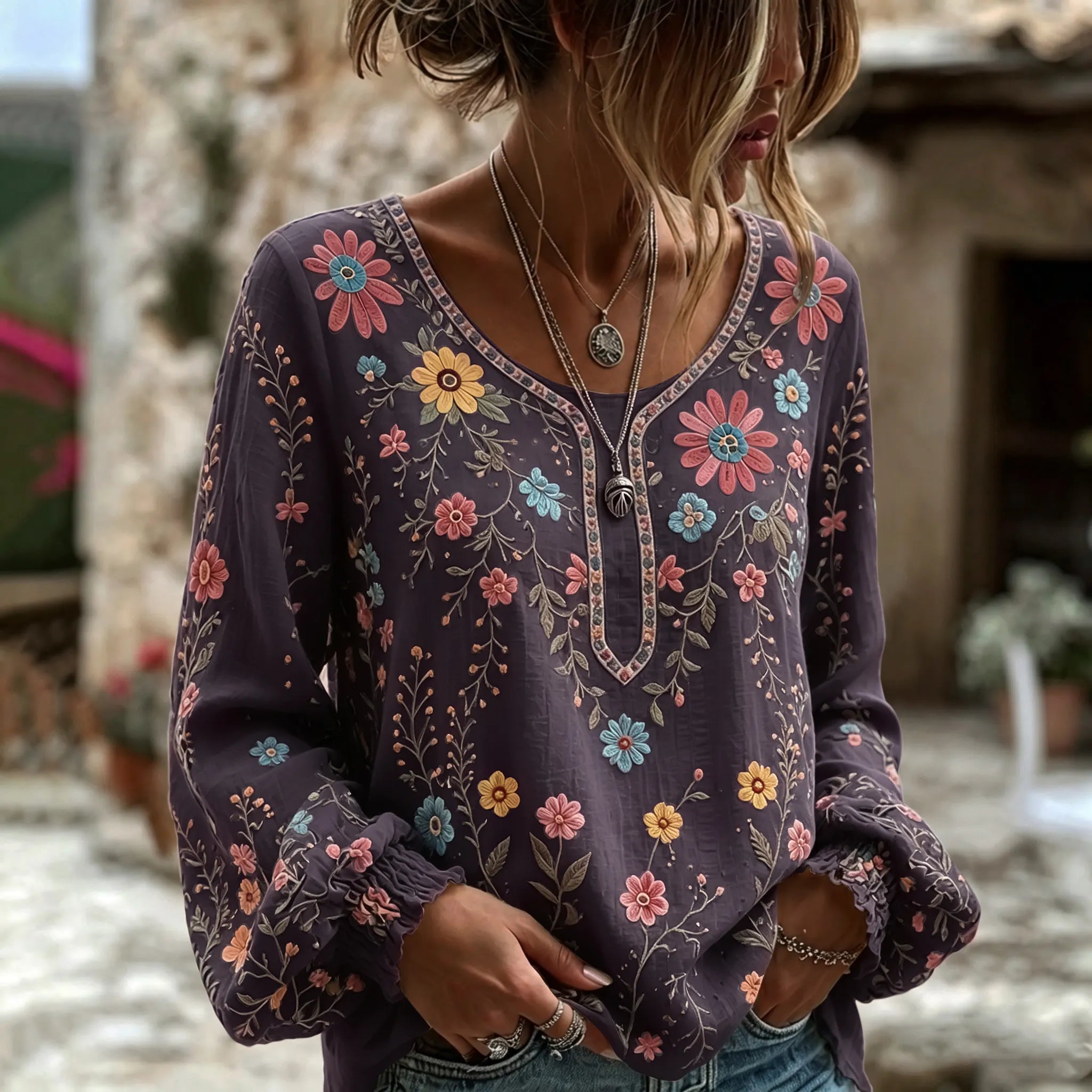 Women's Vintage Floral Art Print Flowy Linen Blend Linen Blend Long Sleeve Casual Tops