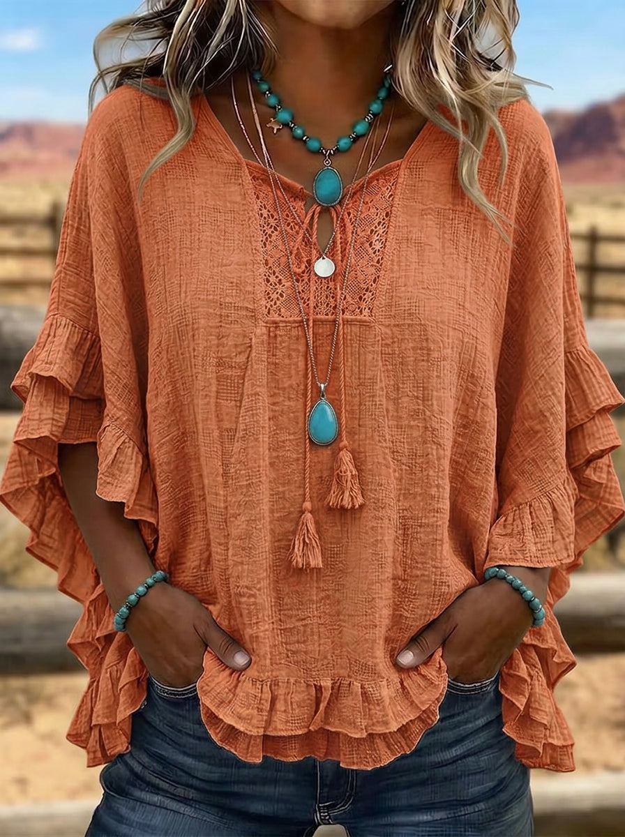 Women's Western Vintage Ruffle Lace-Trimmed Printed Top