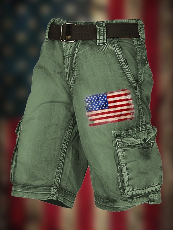 Men's Vintage Flag Independence Day Multi-Pocket Print Cargo Shorts (Belt Not Included)