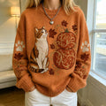 Women's Autumn Sweatshirt With Cat, Pumpkin, And Maple Leaf Pattern