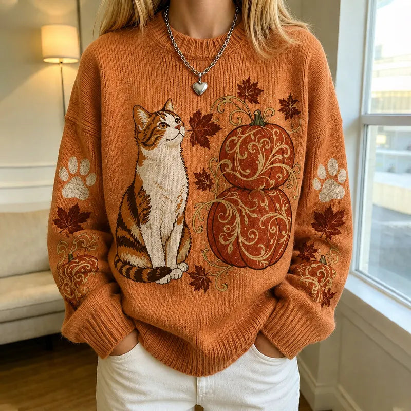 Women's Autumn Sweatshirt With Cat, Pumpkin, And Maple Leaf Pattern