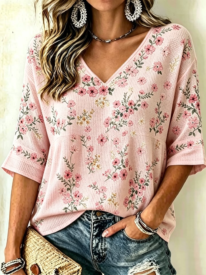 Women's Casual Retro Floral-Print Breast Cancer Awareness T-Shirt