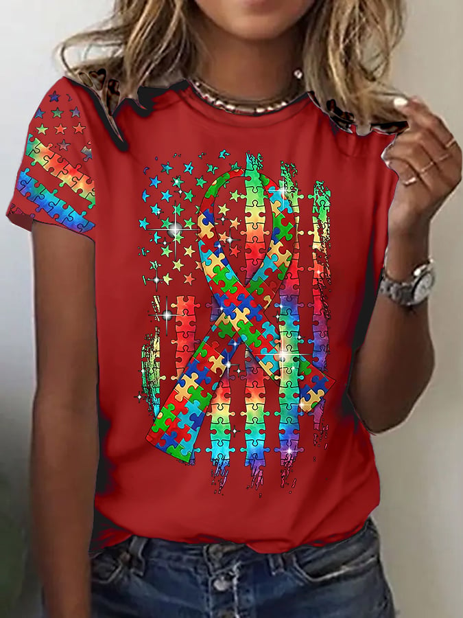 Women’s Retro Autism Awareness Colorful Puzzle Pieces Ribbon American Flag Print Short Sleeve Casual T-Shirt