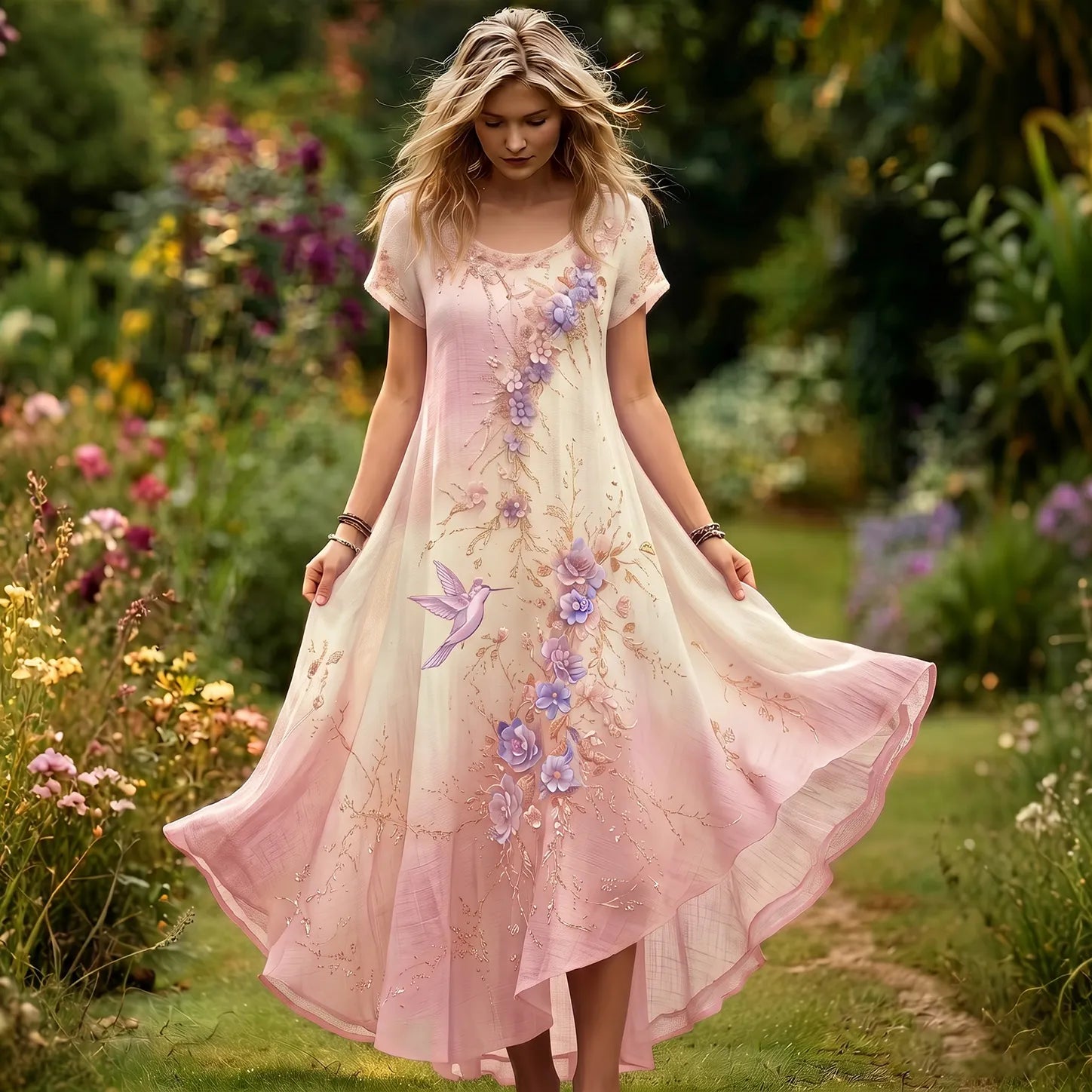 Women's Purple Floral & Hummingbird Print Alzheimer's Awareness Casual Dress