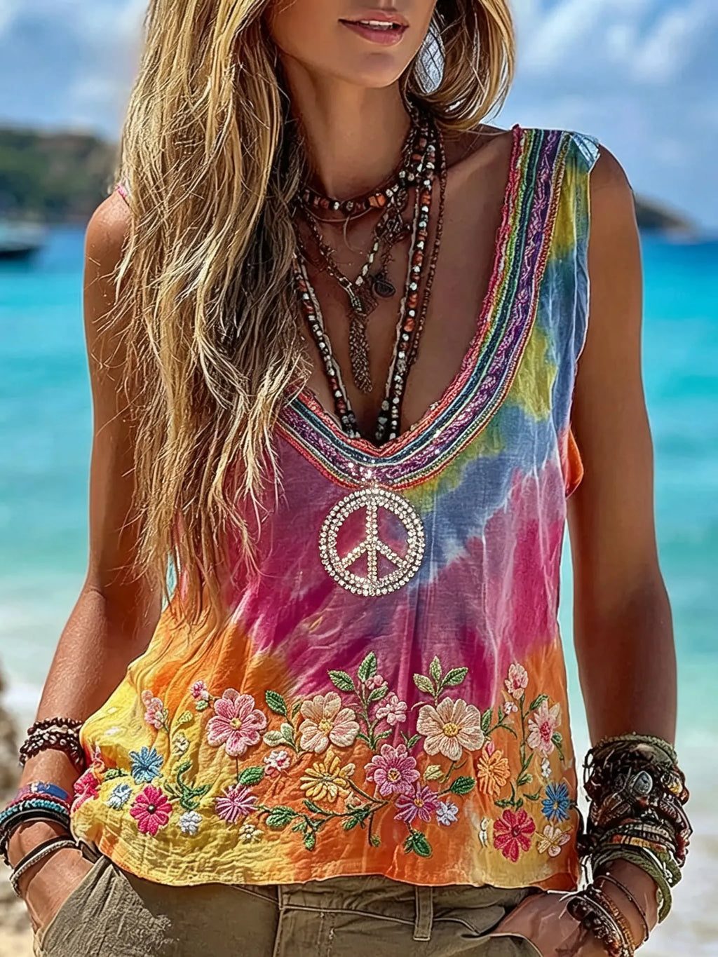 Women's Retro Hippie Peace Floral Embroidered Vest