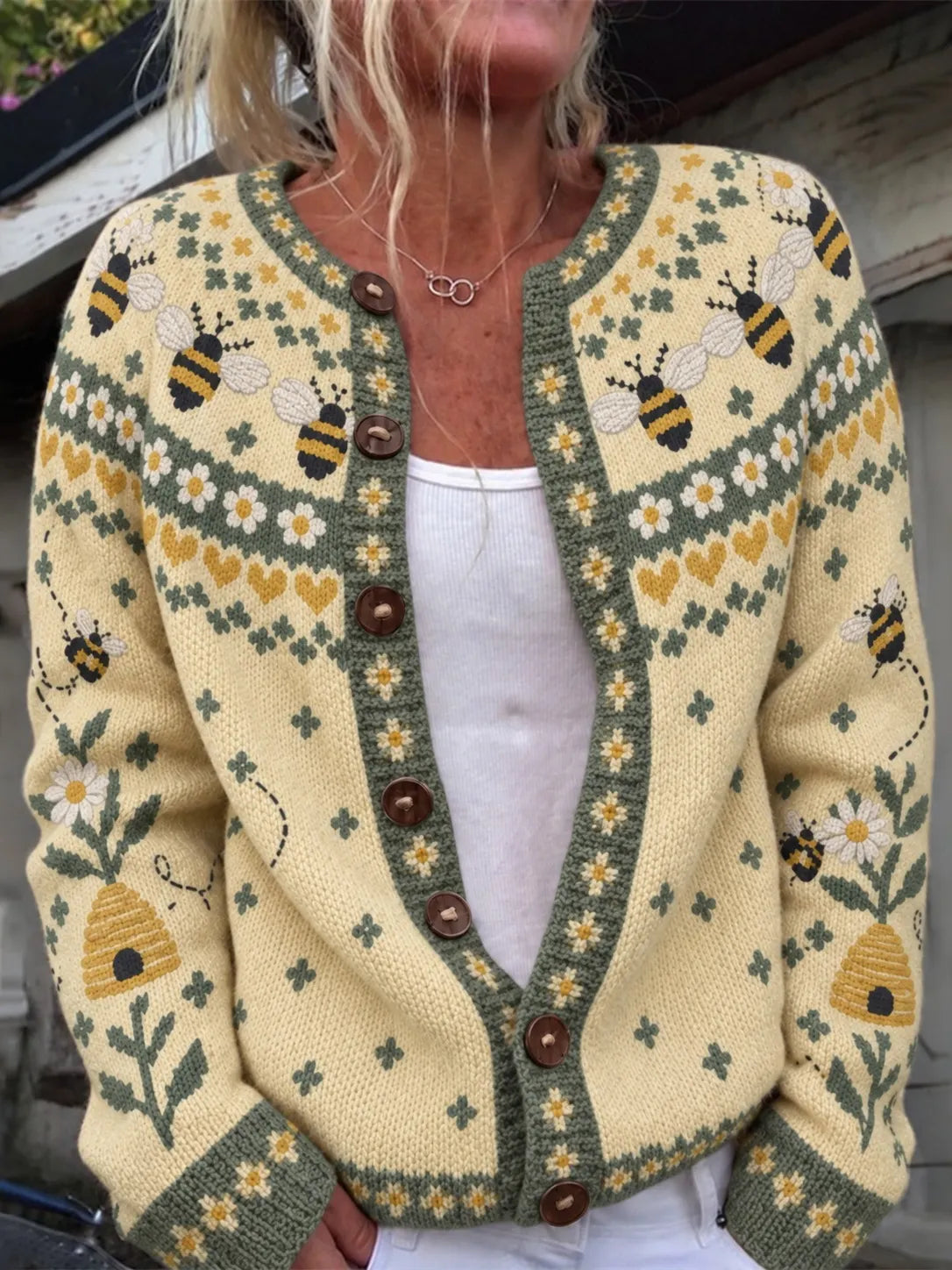 Women's Vintage Bee And Floral Print Casual Knit Cardigan Sweater