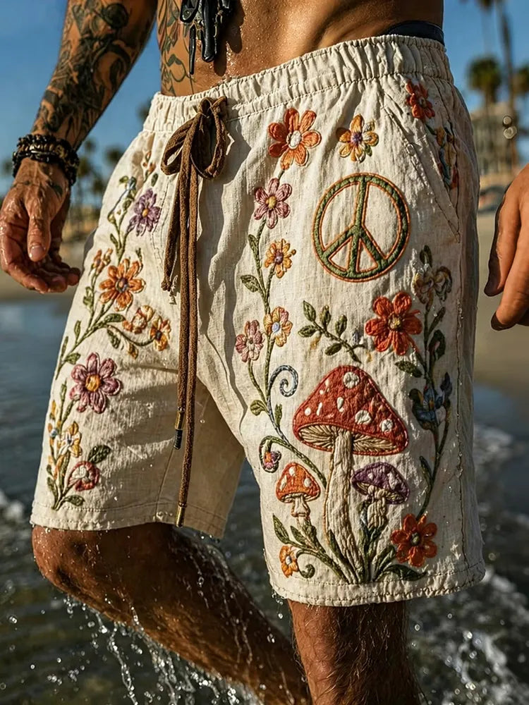 Men's Colorful Hippie Sun And Mushroom Pattern Casual Linen Blend Shorts
